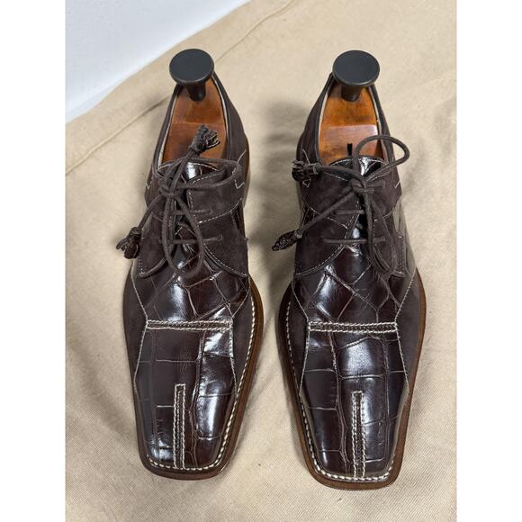 Fennix Shoes Mens Size 9 US 42 EU Brown Derby Croc-Embossed Suede Made in Italy